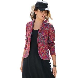 Peruvian Connection Pima Cotton Floral Knit Cardigan Jacket Red Boho Artsy L